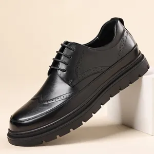Men's Genuine Cowhide Leather Brogue Shoes Business Casual Lace-up Dress Shoes Non-slip Height Increasing Formal Loafers