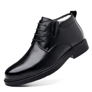 Classic men's black high-top business leather boots with warm white fleece lining for winter