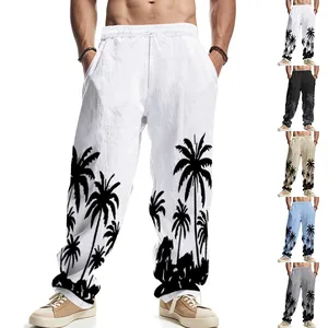 Men Casual Linen Blend Pants Hawaiian Palm Tree Print Loose Straight Leg Elastic Waist Drawstring Beach Bottom