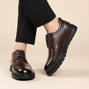 Elegant men's brown genuine leather Brogue dress shoes with height-increasing thick soles