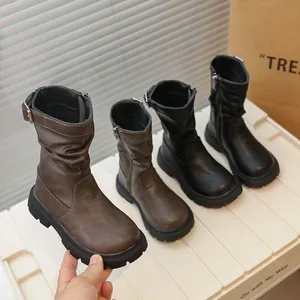 Bottes mi-mollet rétro pour filles avec semelles épaisses en coloris marron et noir