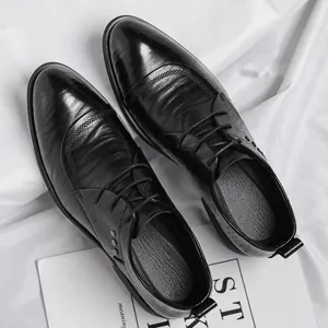 Classic men's black business formal leather shoes with textured finish and lace-up design