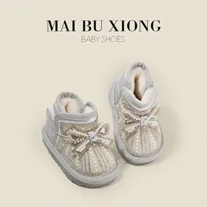 Baby Girl Winter Snow Boots Warm Rhinestone Pearl Bowknot Toddler Walker Shoes Faux Fur Lined Non Slip Microfiber Leather Boots