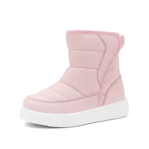 Pink children's warm winter snow boots featuring thick white non-slip sole and padded fabric
