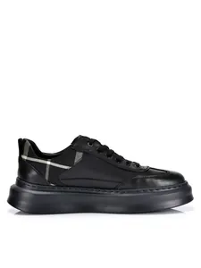 Side profile of men's black leather shoes with thick soles and check heel details.
