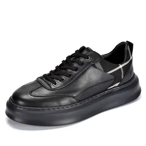 Men's First Layer Cowhide Leather Casual Sneakers Thick Sole Height Increasing Board Shoes With Grid Pattern Detail