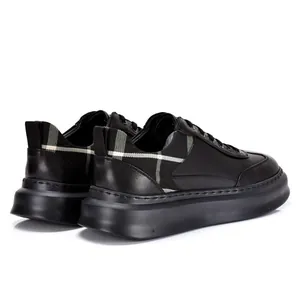 Premium black leather men's platform sneakers with plaid detail and thick soft sole