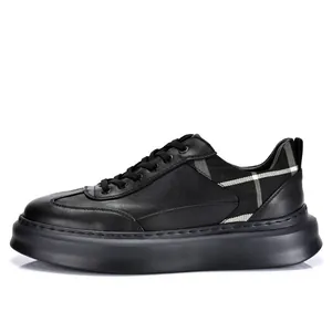 Men's black leather platform sneakers with stylish checkered side panel detail.