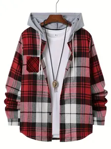 Heren Casual Geruit Overhemd met Capuchon Lange Mouw Patchwork Katoenmix Flanellen Hoodies Jas Voor Herfst Lente Dagelijks Dragen