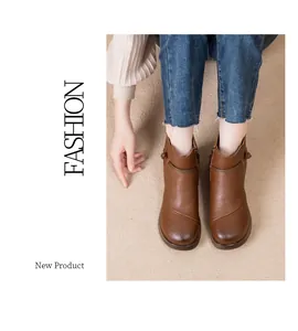 Elegant brown vintage warm winter ankle boots with soft plush lining for older women