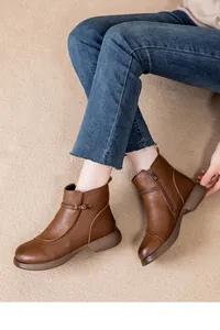 Classic brown leather ankle boots with warm fleece lining and non-slip soles for winter