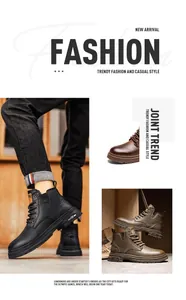 Details of men's high-top leather Martin boots in retro black and brown colors