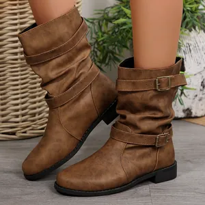 Women's Western Mid-Calf Boots PU Leather Round Toe Belt Buckle Slouchy Low Heel Fashion Winter Fall Outdoor Shoes