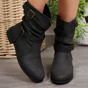 Stylish black Western mid-calf boots with decorative buckles and round toe design