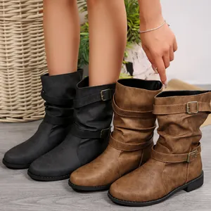 Stylish western mid-calf boots for women featuring a slouchy shaft and buckle details