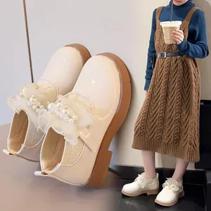 Elegant girls' cream leather shoes with pearl decor and ruffles for autumn