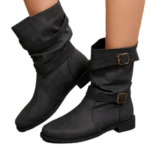 Western style mid-calf slouchy boots for women with double buckles and round toe