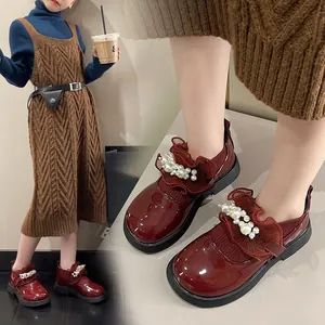 Girls Japanese Style Patent Leather Princess Shoes Pearl Lace Non-slip School Flat Shoes For Kids