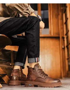 Vintage brown leather high-top Martin boots for men with side zipper detail