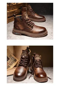 Close-up detail showing the texture of brown leather vintage Martin boots with lace-up design