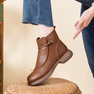 Cozy women's brown leather ankle boots with decorative Chinese knot and non-slip sole