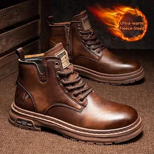 Men Martin Boots Genuine Cowhide Leather Winter Boots Retro British Style High-top Work Boots For Men Lace-up Side Zipper Non-slip Warm Shoes