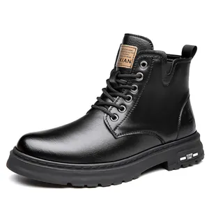 Men's retro British style black leather high-top Martin boots on white background