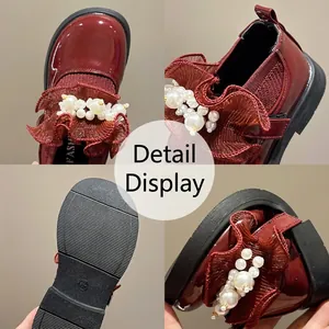 Burgundy girls' patent leather shoes with pearl ruffles and round toe