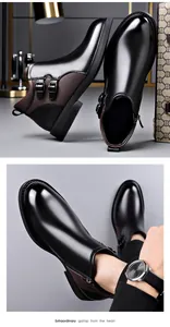 Detailed macro shot of men's fashion leather Martin boots featuring decorative buckles
