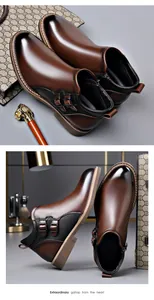 Detailed view of the buckles and side zipper on premium men's brown leather boots