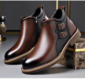 Close-up detail of brown gradient leather men's boots with side zipper and double buckles.