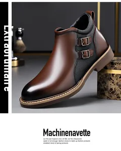 Side view of brown leather Martin boots with double buckles and gradient finish.