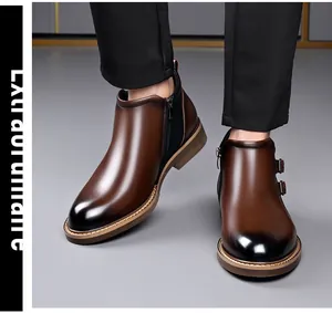 Stylish brown men's leather boots with side zipper and decorative buckles details.