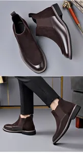 Men's dark brown Chelsea boots featuring a stylish leather and suede patchwork design.