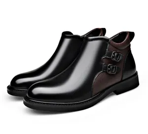 Side view of men's mid-top leather boots with double buckles in black and brown.
