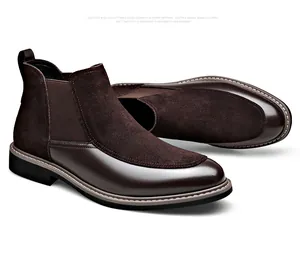 Detailed view of dark brown Chelsea boots for men featuring leather and suede patchwork