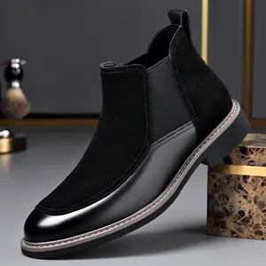Men Patchwork Chelsea Boots Suede Leather Warm Short Plush Lined Winter Ankle Boots Slip-on Fashion Casual Mid-Top Footwear