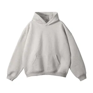 Minimalist light gray men's hooded sweatshirt with kangaroo pocket and no strings