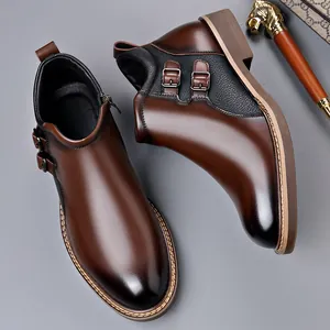 Men's brown and black leather Martin boots with side buckles and warm lining detail