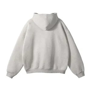 Back view of a minimalist heather grey men's hoodie with a no-drawstring hood design.