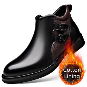 Men's leather Martin boots with warm fleece lining and buckle detail