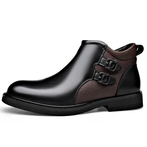 Men's leather Martin boots with double buckles and brown textured patchwork design