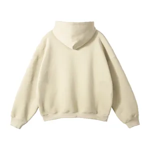 Detailed back view of a cream-colored minimalist oversized hoodie without drawstrings for men
