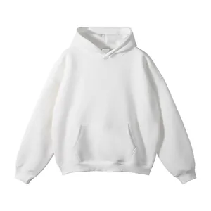 Front view of a minimalist plain white drawstring-free hoodie for men