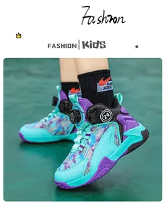 Dettaglio scarpe da basket per bambini con sistema BOA e design verde acqua e viola
