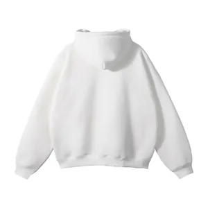 Back view detail of a premium plain white hooded sweatshirt without drawstring for men