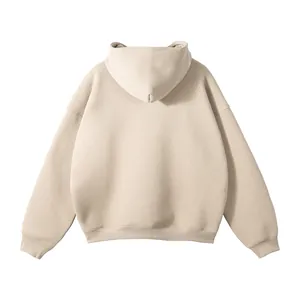 Back view of a beige oversized drawstring-less hoodie with ribbed cuffs and hem.
