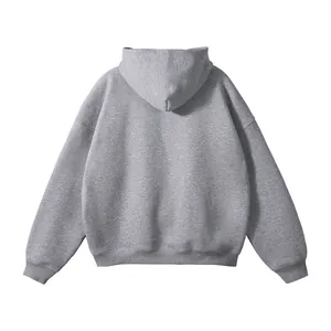 Close-up detail of the back view of a plain grey hooded sweatshirt without cords.