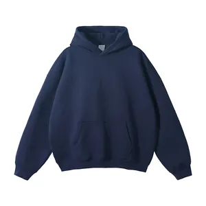 Front view of men's oversized navy blue hoodie with pocket and no drawstring