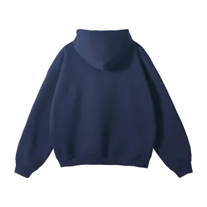 Back view of a premium navy blue hooded sweatshirt for men in a minimalistic style